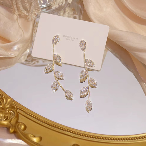 Gold tone leaf - drop, earrings