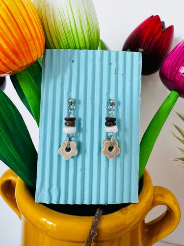 Wooden flower earrings brown - earrings,